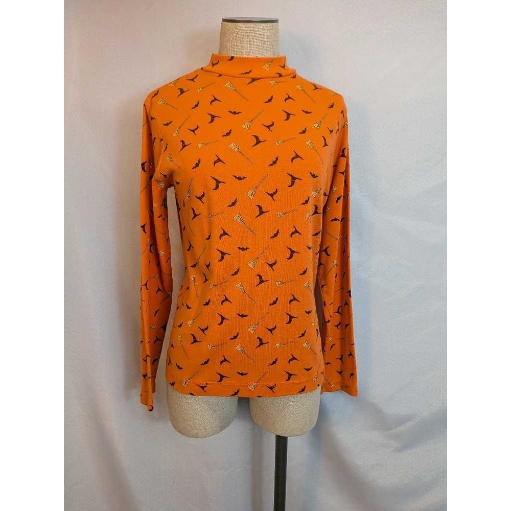 Mountain Lake Orange Halloween Bats Witch Hats Brooms Mock Neck Top L
